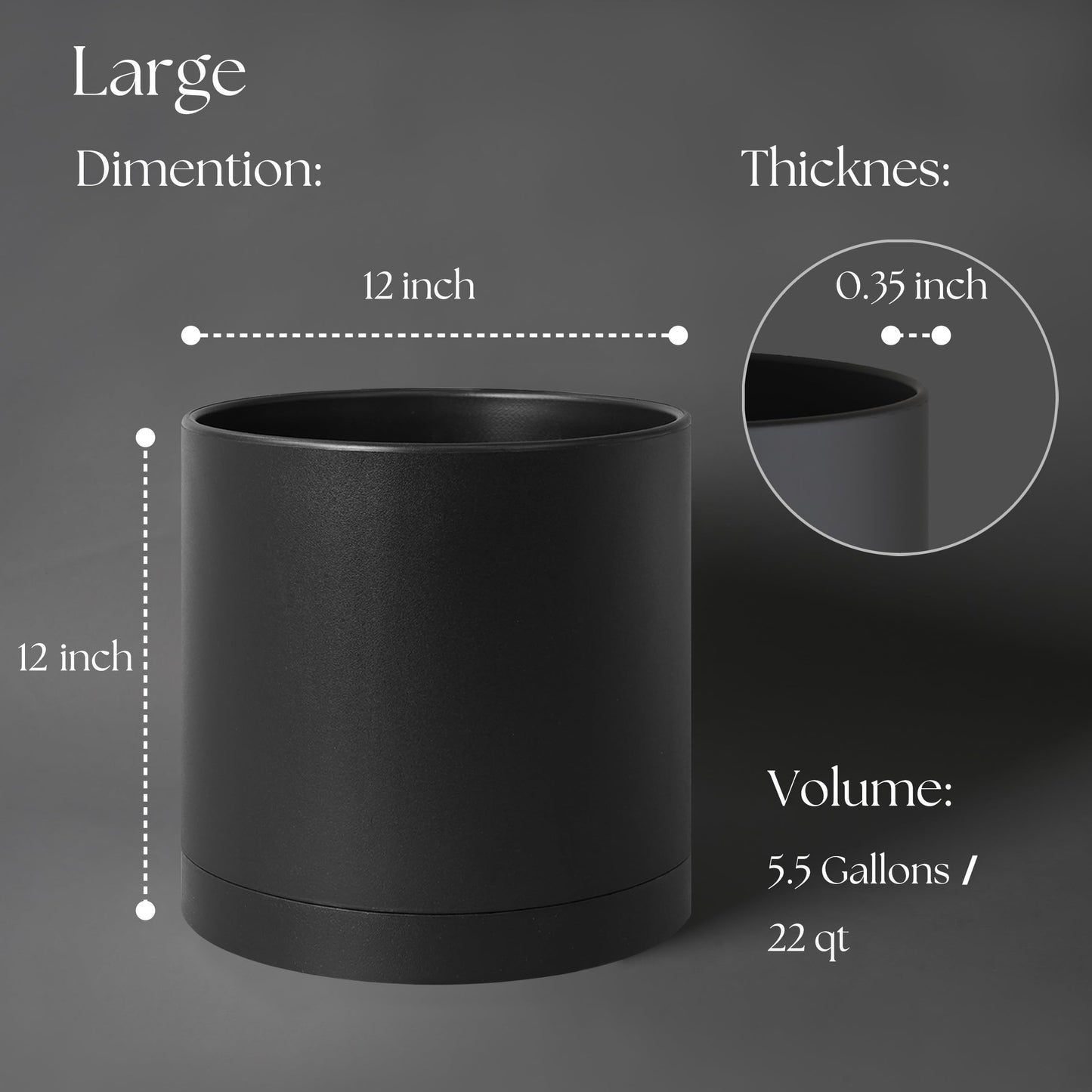 Giraffe Creation 12-Inch Round Cylinder Plant Pot, Modern Indoor/Outdoor Planter with Drainage Hole, Saucer & Water Reservoir, Black