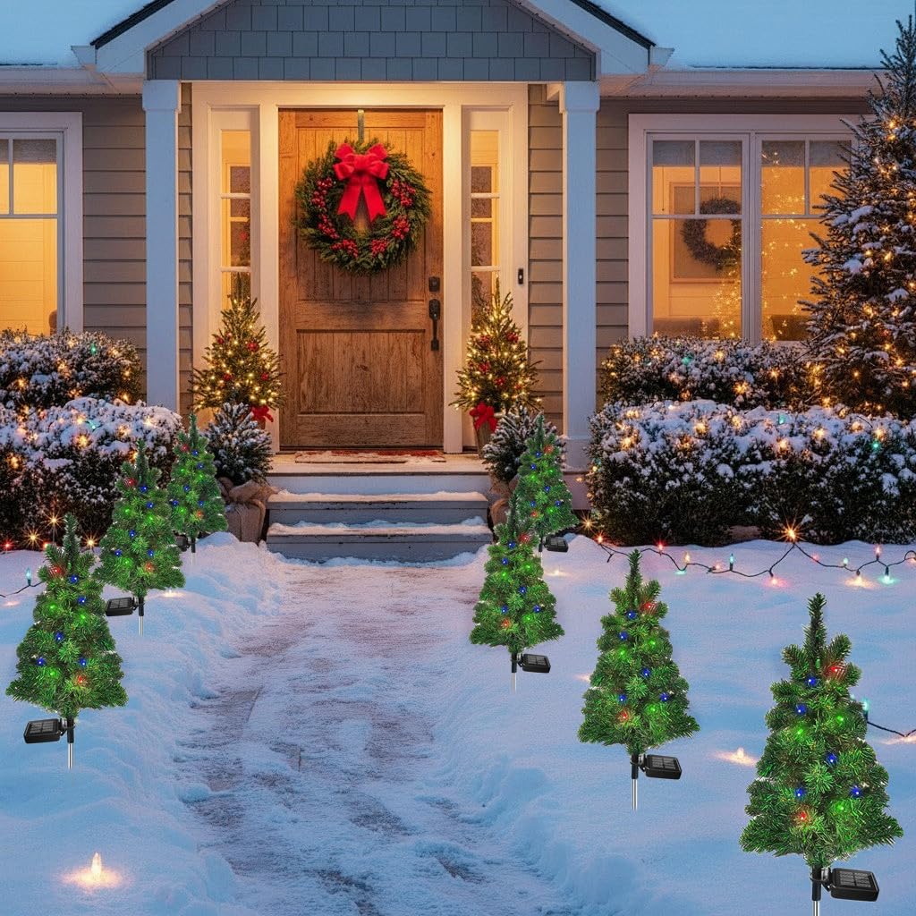 Solar Christmas Tree Garden Stake Lights Outdoor Waterproof Pathway Lights Xmas Tree Light for Lawn Patio Yard Front Porch Christmas Decor 2pcs