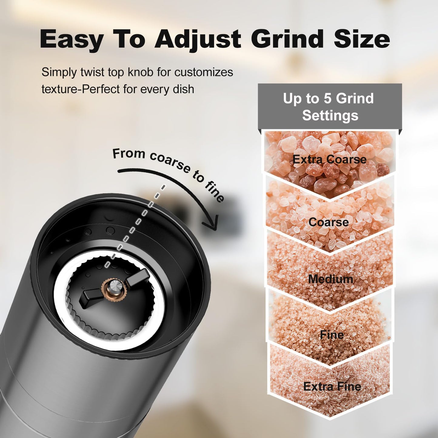 Aelga Salt and Pepper Grinder Set Manual - 4oz Stainless Steel Pepper Mill with 5-Level Adjustable Coarseness, Refillable Glass Salt Grinder with Wood Lid, Silicone Funnel, Modern Kitchen Gift Set