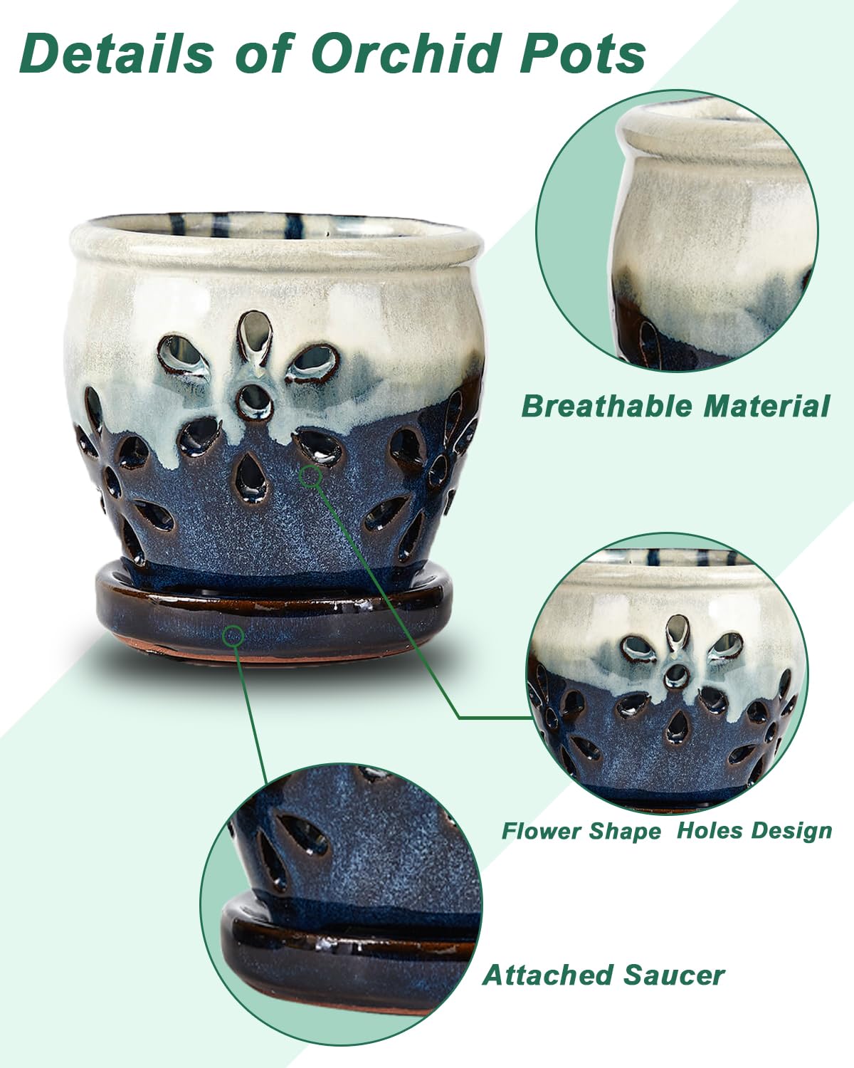 Vensovo 4 Inch Ceramic Orchid Pots with Drainage Holes and Saucers, 2 Pcs Small Planters for Orchids Succulents Repotting, Indoor Outdoor Ceramic Flower Pots for Healthy Root Growth (Blue, Blue Mixed)