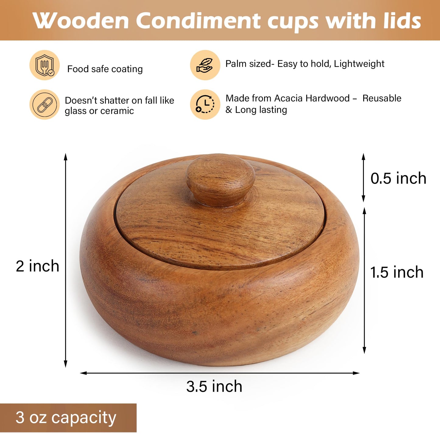 LAVAUX DESIGNS Acacia wood Set of 4 bowls with lid, 3.5X2 inches (3 oz), Rustic looking wood salt containers can also be used as spice box, storage for condiments, sugar, tea, celtic salt or nuts