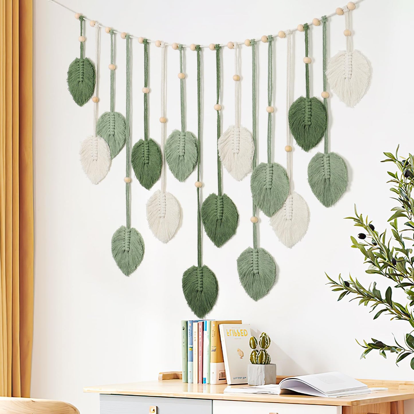 Betylifoy Macrame Wall Hanging Large Macrame Leaves Tapestry Wall Hanging Decoration Boho Handmade Woven Leaf Feather Wall Art Decor for Nursery Bedroom Living Room Office Christmas Thanksgiving Decor, 29 X 51 Inch (Green)