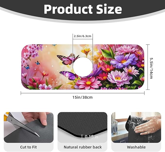 Pink butterfly flower Kitchen sink faucet pad, strong water absorption