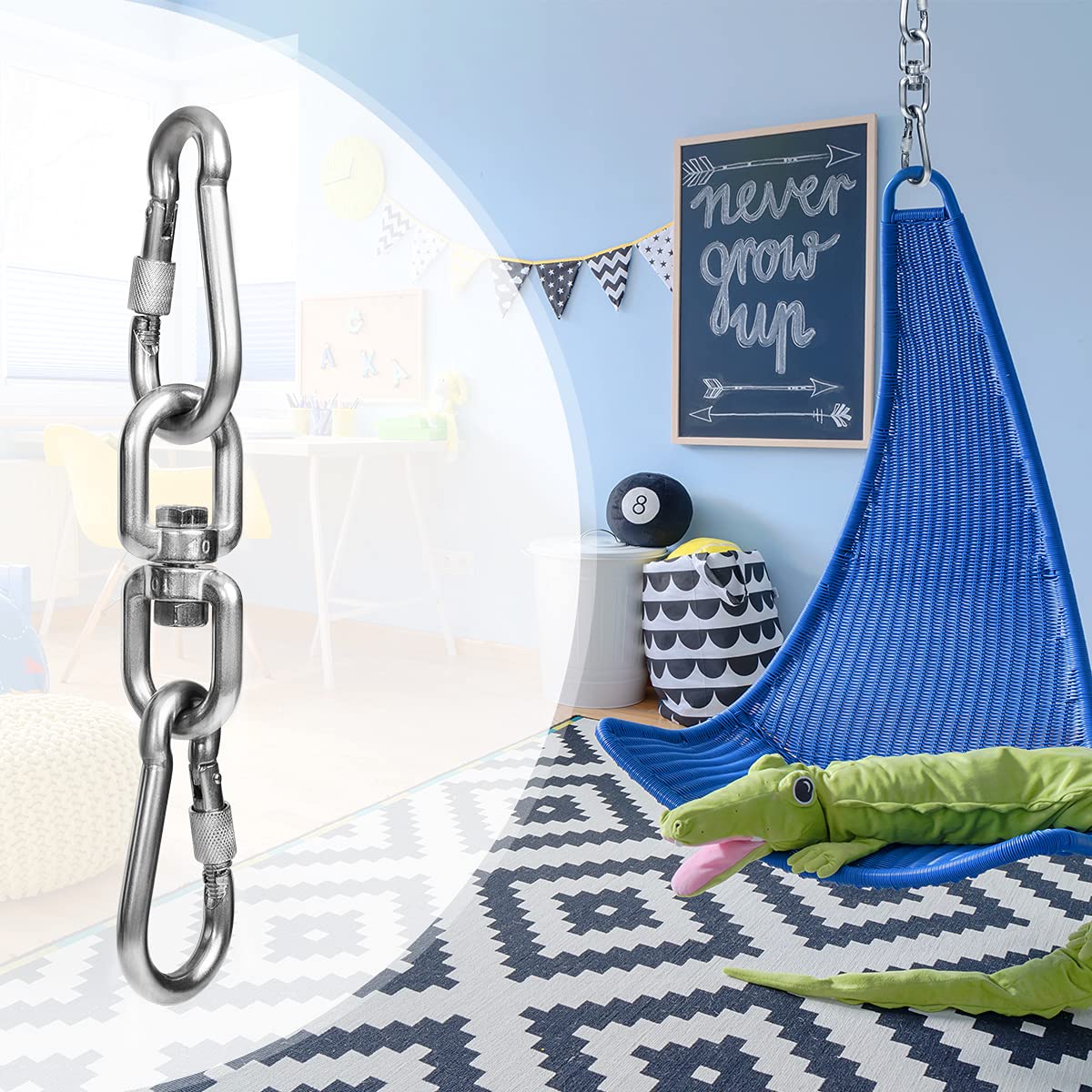 2+1 Heavy Duty 304 Stainless Steel Swivel Ring Double Ended Swivel Eye Hook with SUS304 Snap Hooks for Web Tree Swing, Swing Spinner Hanger, Reliable and Safe (M8)