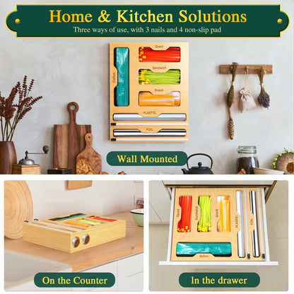 KOCWELL Bag Organizer and Plastic Wrap Dispenser with Cutter, 6 In 1 Bamboo Foil and Plastic Wrap Organizer for Kitchen Drawer, Food Storage Bag Organizer for Gallon,Quart,Sandwich,Snack(Yellow)