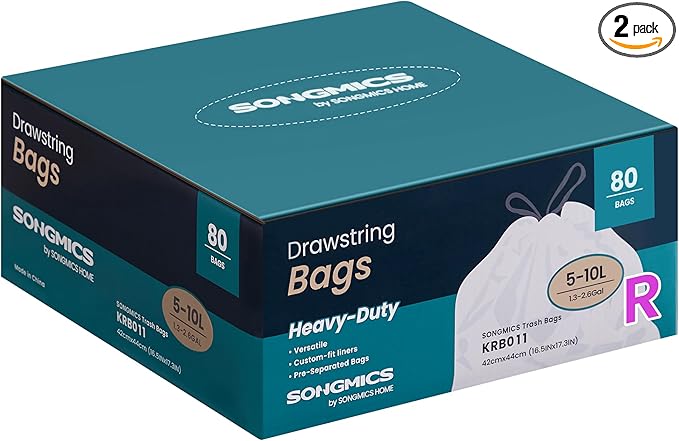 SONGMICS Trash Bags for 2.6-Gallon Trash Cans, Drawstring Kitchen Garbage Bags