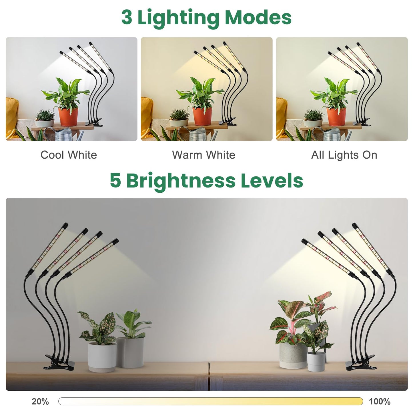 Garpsen Grow Lights for Indoor Plants, Upgraded Version 4 Head 80 LED Full Spectrum Grow Lamp with Timer, 3 Lighting Mode, 10 Dimmable Levels, Professional for Seeding Succulents Herbs