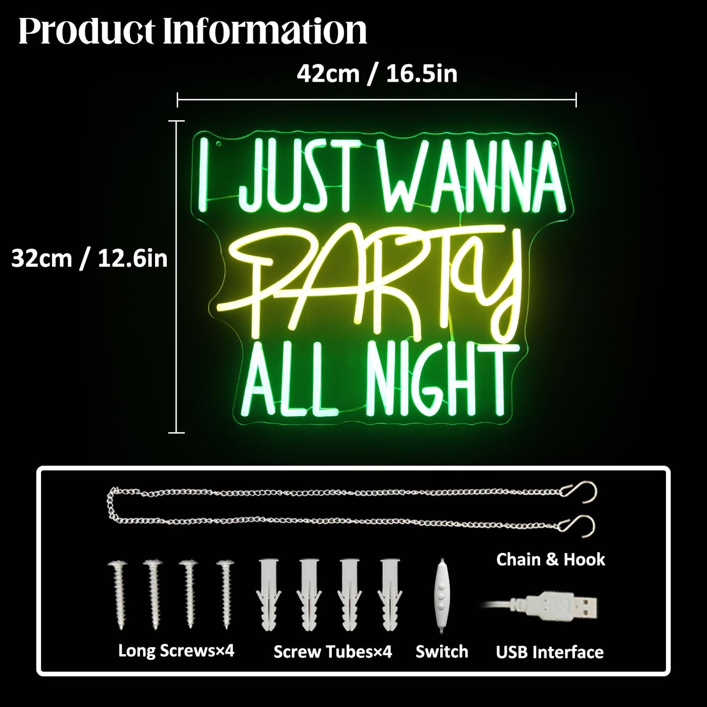 I Just Wanna Party All Night Neon Sign Green Yellow Letter Neon Light Prom Night LED Signs for Wall Dimmable Party Neon Lights Signs for Ball Prom Birthday Bar Decor USB Powered