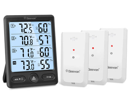 Geevon Indoor Outdoor Thermometer Wireless with 3 Remote Sensors, Digital Hygrometer Thermometer, Wireless Temperature Humidity Monitor Gauge with 200FT/60M Range (Black)