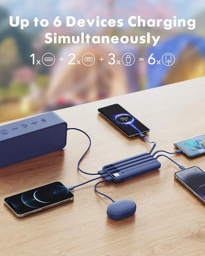 charmast Portable Charger with Built in Cables, Power Bank with Cords Wires, Slim 10000mAh Travel Battery Pack 6 Outputs 3 Inputs 3A Fast Charging for Samsung Google Pixel LG Moto iPhone iPad