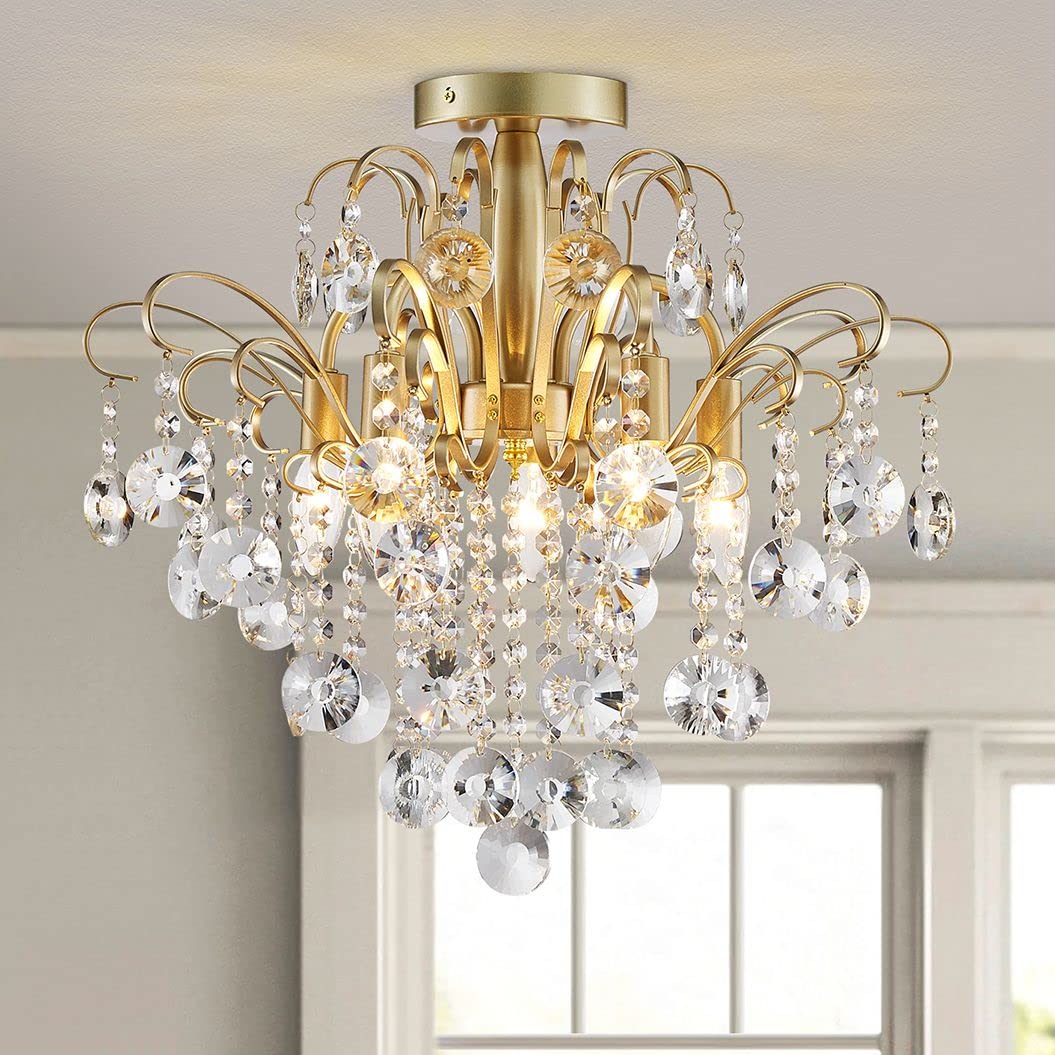 WUZUPS Crystal Chandelier Flushmount Ceiling Light Modern Lighting Fixture for Bedroom Hallway Bar Kitchen Bathroom, H 17.5'' x W 19.3'', E12 Base, Gold