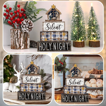 DIYDEC 4Pcs Christmas Table Decoration Christmas Jesus Wooden Block Sign Xmas Tiered Tray Decor Winter Centerpiece Decorative Sign for Holiday Tabletop Coffee Fireplace Shelf Desk Party Decor