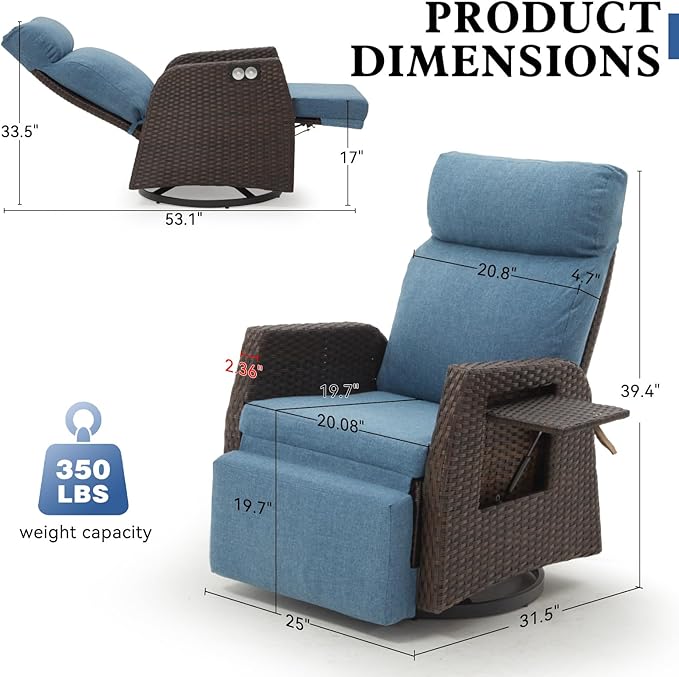 Adjustable Outdoor Recliner Chair with Independent Backrest & Footrest, Patio Swivel Recliner Chair, Wicker Reclining Patio Chair w/Flip-Up Table, 155° Lay Flat Chaise Lounge, Blue, 2PCS