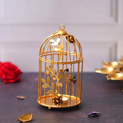Webelkart Gold Colour Metal Iron Bird Cage tealight Candle holder with Flower Vine- Diwali Candle Holder- Diwali Decorations items For Home Decor