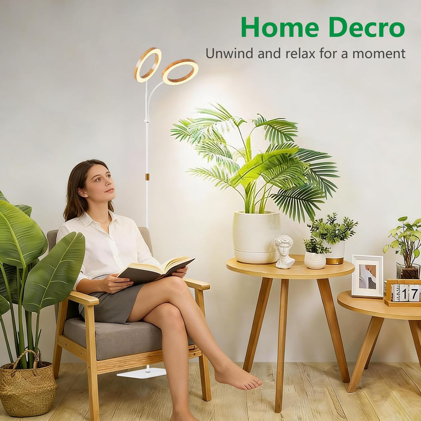 LPMZMBL Dual Head Grow Light for Indoor Plants Full Spectrum-Floor Standing Plant Lamp with Auto Timer 6/12/18H, 5-Level Dimmable & Adjustable Height 16.5-68in for Large Tall Plants | Faux Wood Design
