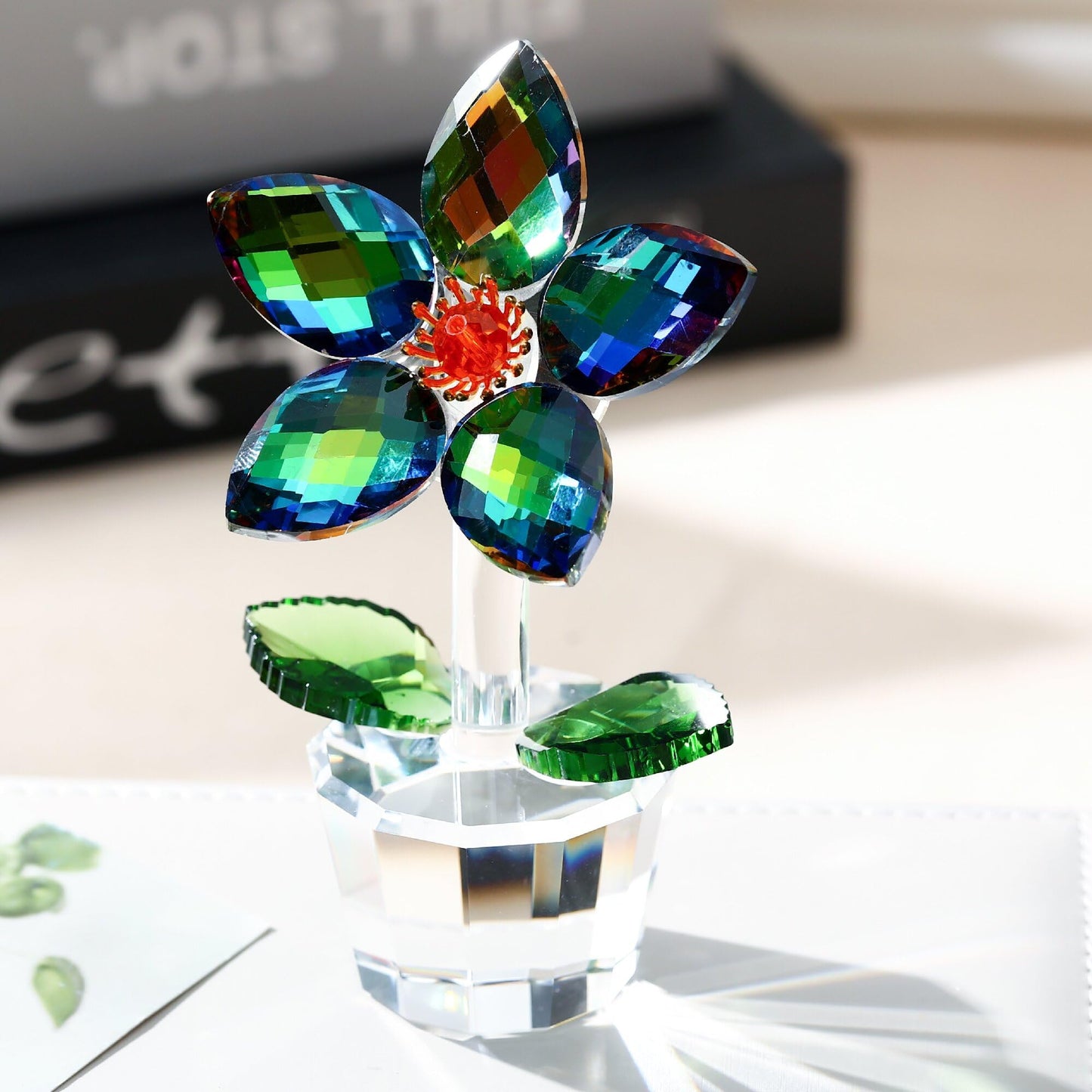 DLXK Crystal Glass Flower Figurines Statues Faceted Glass Flower Valentines Day Sculpture Decoration for Home Collectible Paperweight