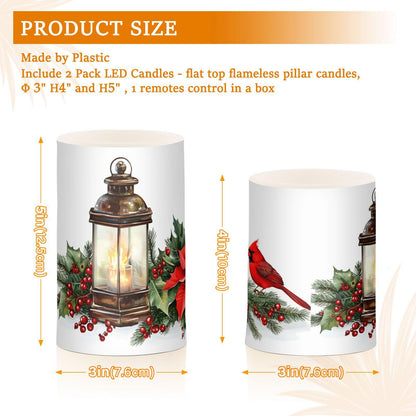 ALAZA Christmas Lantern Red Bird Poinsettia Flowers Flickering Flameless Candles Battery Operated with Remote Timer,Tea Light Candles LED Pillar Votive Candles Set of 2 for Outdoor Indoor Decorations