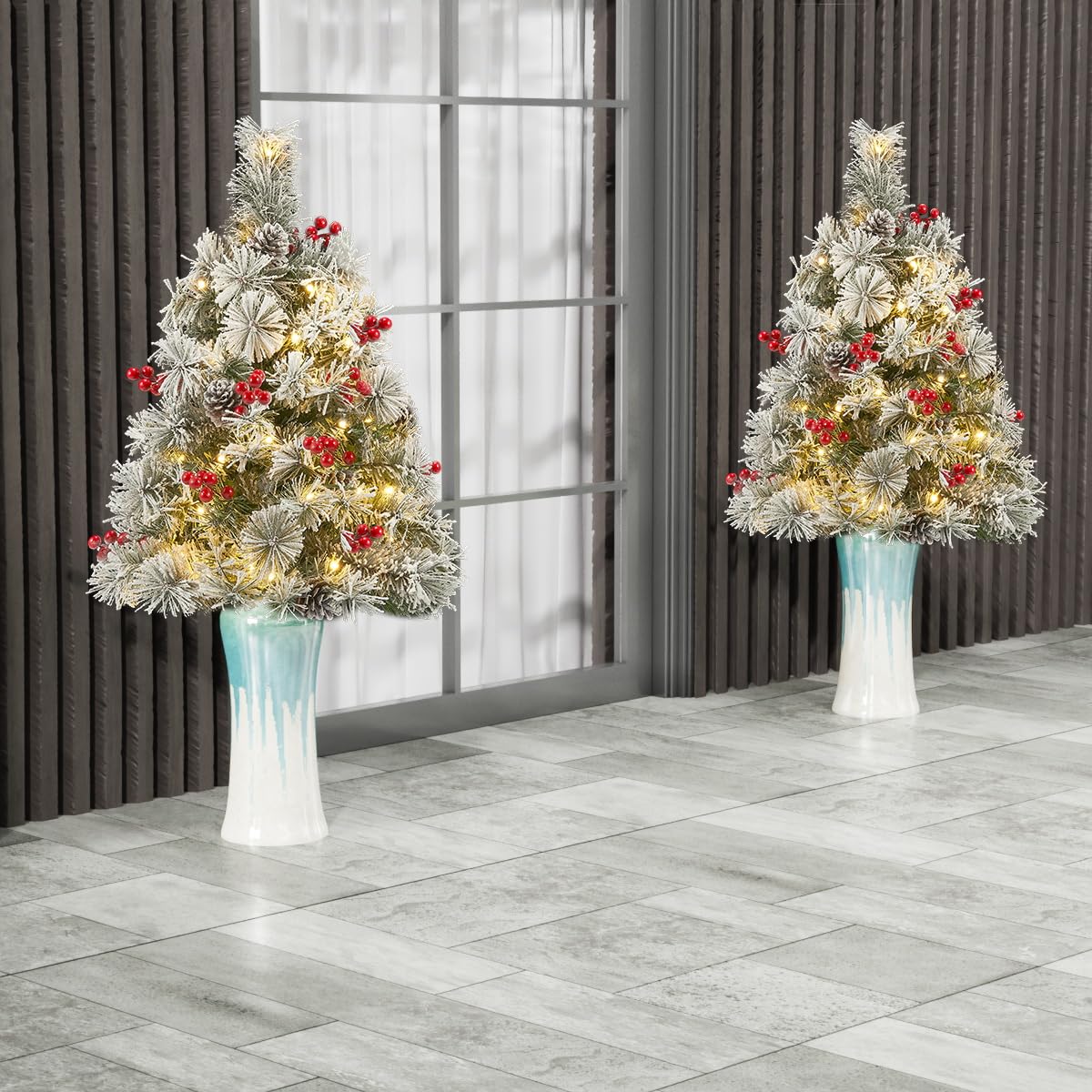 HiBean Christmas Tree Urn Filler 2 Set 30 inch, Pathway Porch Flocked Christmas Trees Pre-Light LED Battery Operated Outdoor Xmas Decor for Entrance, Yard, Garden, Red Berries, Pine Cones (White)