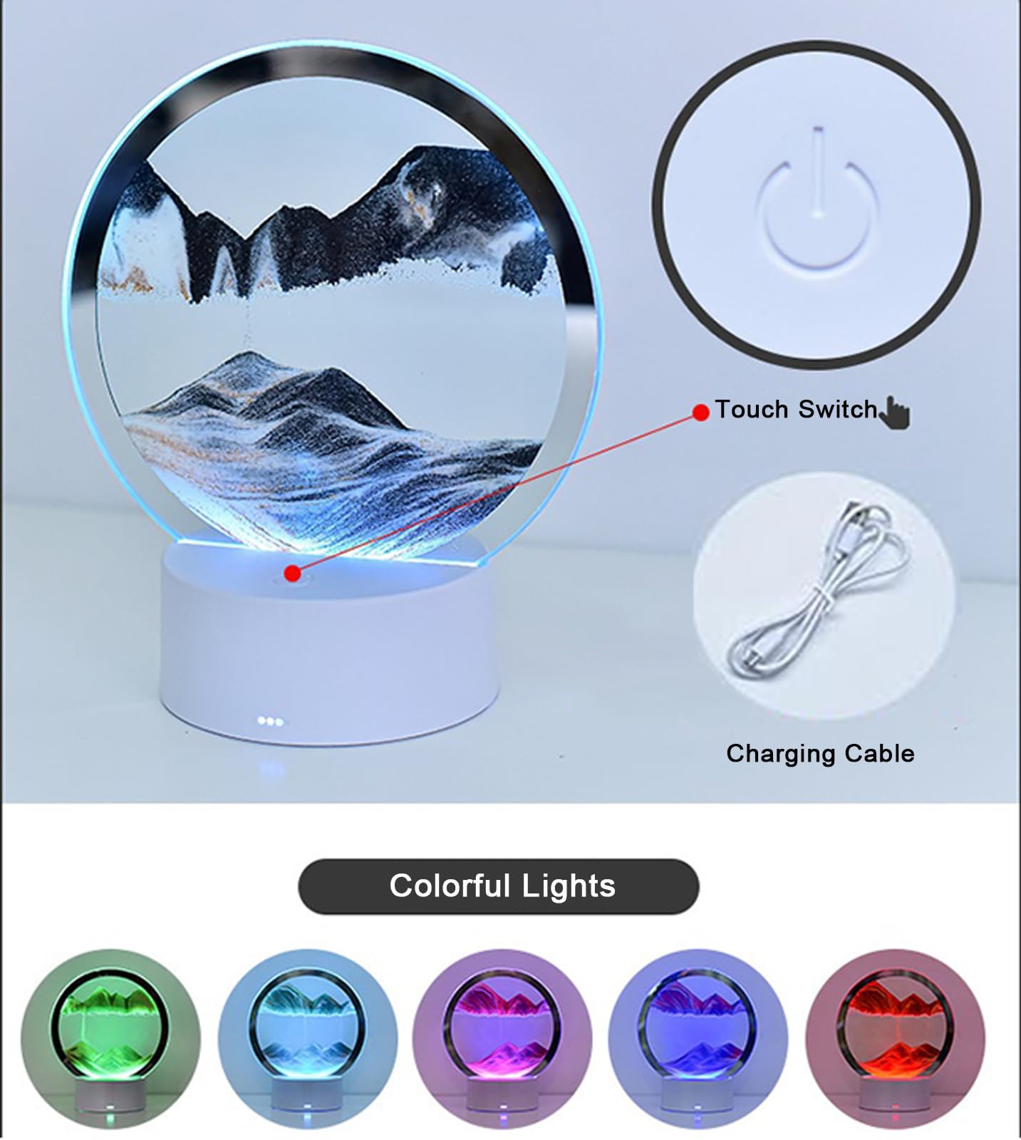 CYSRALFC Moving Sand Art Lamp, 3DMoving Sand Art, Quicksand Bedside Lamp, Creative Glass Sand Painting Colorful Night Light, Home Relaxation and Office Decoration