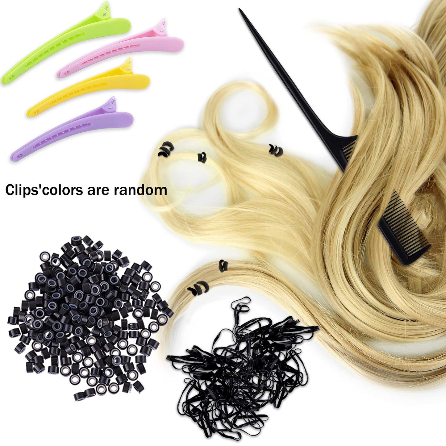 Duufin Hair Extensions Kit 500 Pcs Black Micro Ring Beads 1 Hair Extension Plier 2 Hook Needle Pulling Loop 4 Plastic Alligator Hair Clips 1 Comb and 2 Bags Black Mini Rubber Hair Elastic