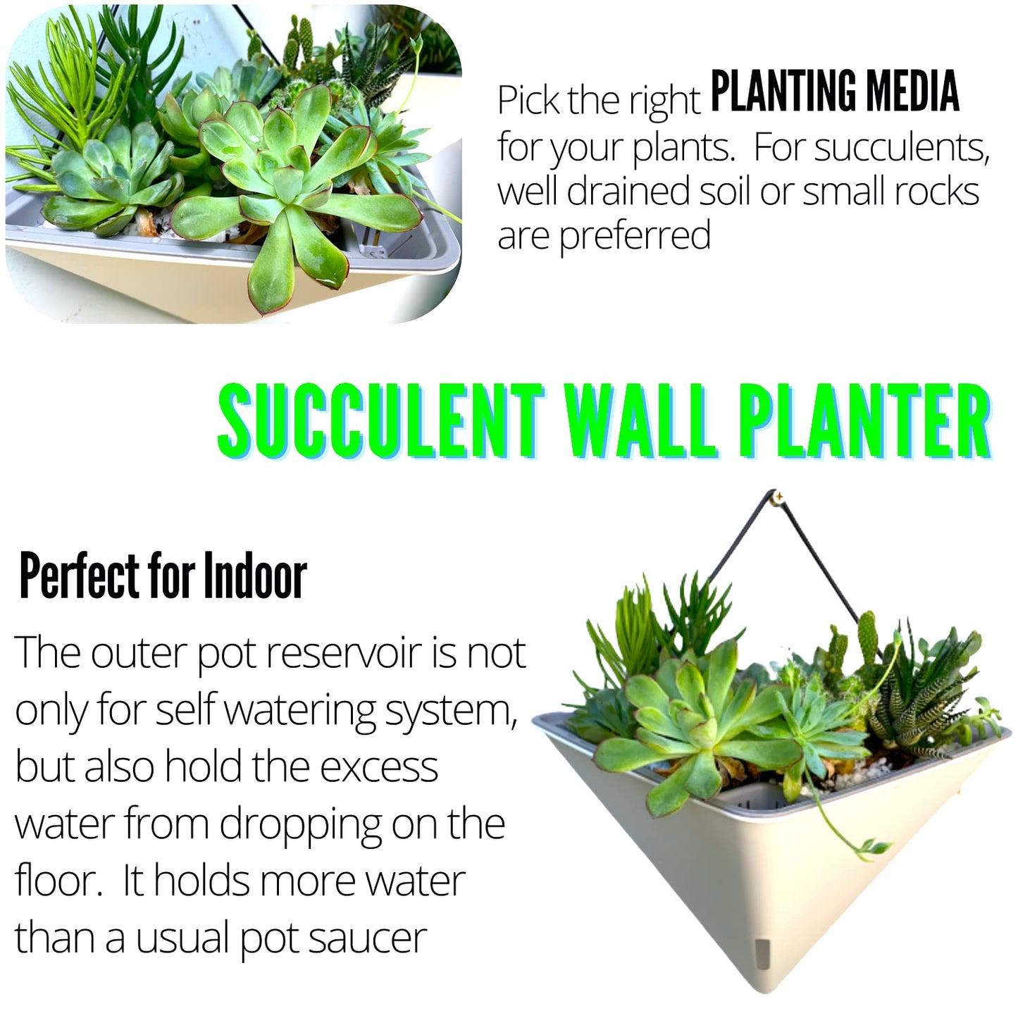 LaLaGreen Wall Planters for Indoor Plants - 2 Pack, 12 Inch Large Self Watering White Geometric Hanging Flower Vase Vessel with Metal Hanger, Modern Stylish Wall Mounted Succulent Pot Holder Decor