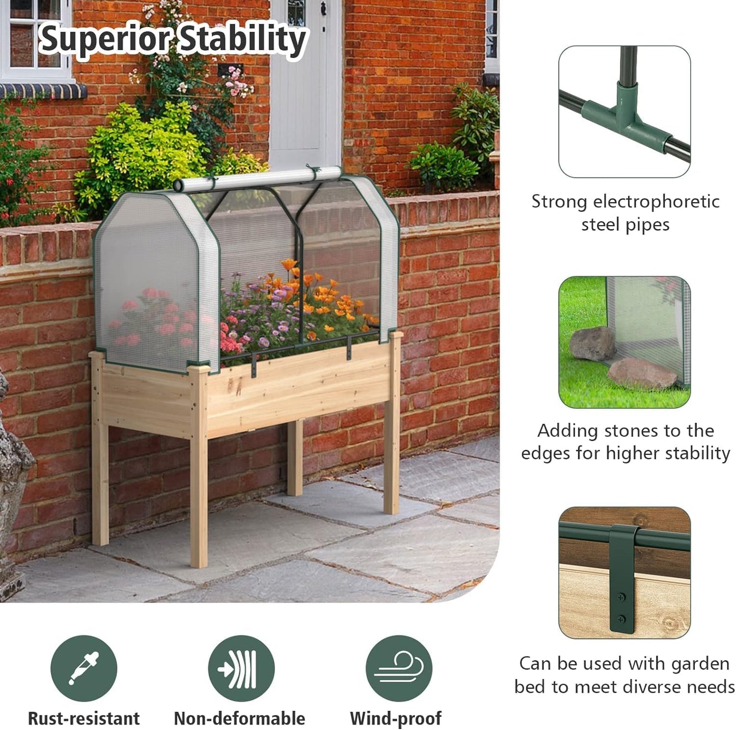 Toolsempire Raised Garden Bed with Greenhouse Cover, Elevated Wooden Planter Box Outdoor Gardening Planting Bed for Vegetables Flowers & Herbs Grow Backyard Patio Lawn (White+Natural)