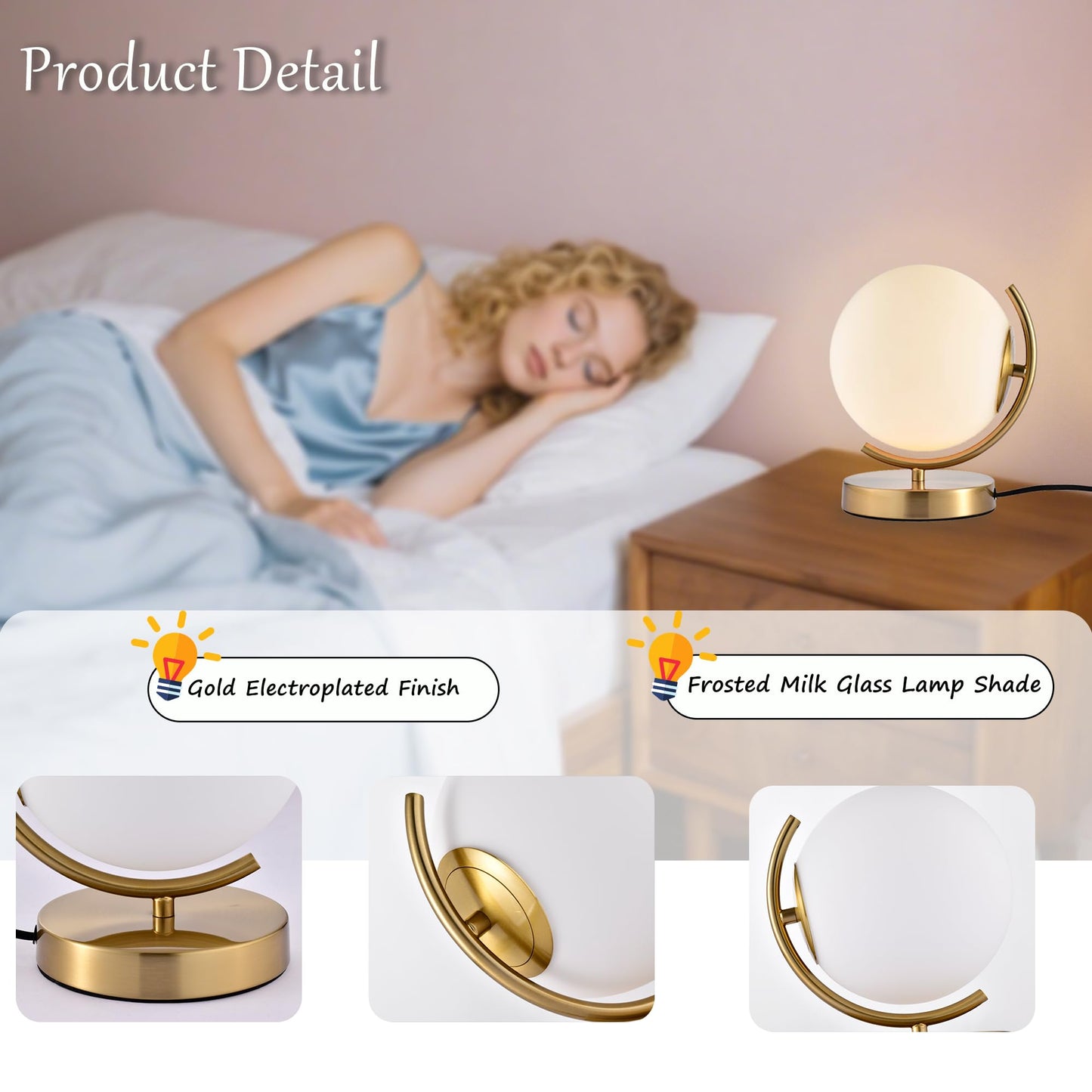 Antique House Gold Modern Globe Table Lamp with 7.1'' Glass Goble Shade Mid Century Table Lamps Desk lamp Metal Standing lamp for Bedroom Living Room Office