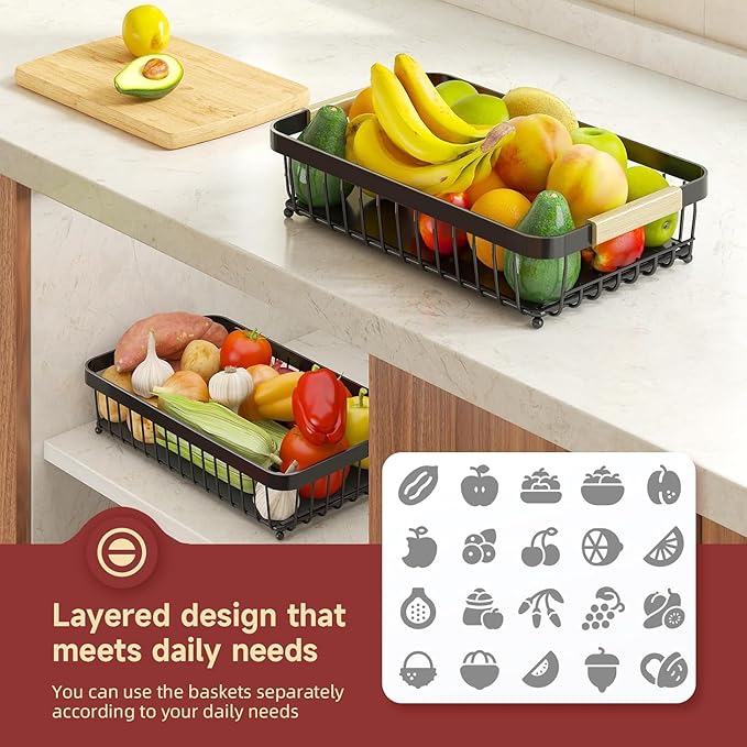 2 Tier Large Fruit Basket for Kitchen Counter