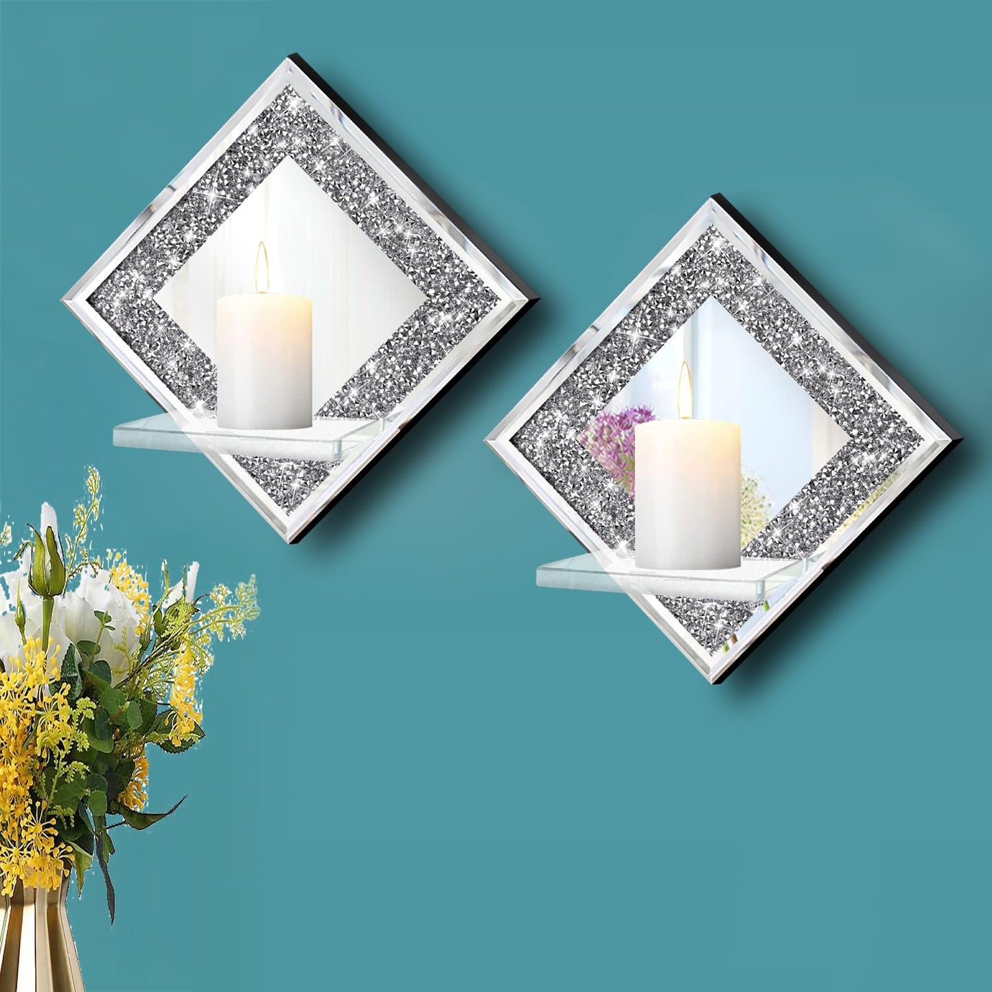 ZOLAPI Crystal Crush Diamond Wall Candle Holder Set of 2, Diamond Silver Mirrored Candle Sconces, Home Wall Decoration for Living Room, Dining Room & Bedroom.