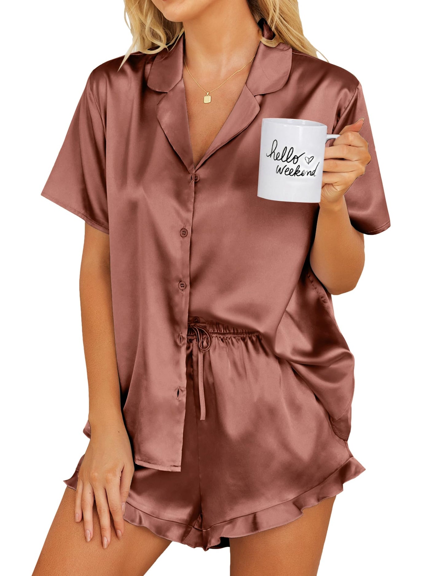 Ekouaer Womens Satin Pajamas Set Button Down 2 Piece Silk Pjs Shorts Set Ruffle Lingerie Notch Collar Sleepwear