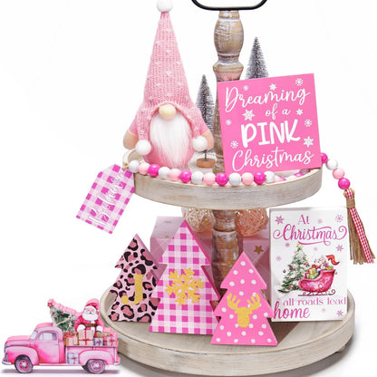 Asoulin Pink Christmas Tiered Tray Decor 8 PCS Xmas Decorations Indoor - Believe Christmas Wooden Signs & Pink Xmas Gnome Plush Set - Table Decor Tier for Home Kitchen Mantel