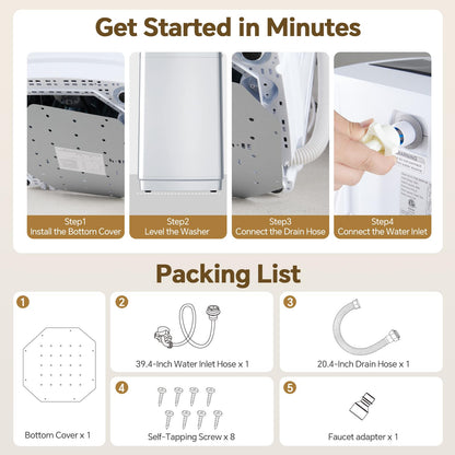 KMFurnila Portable Washing Machine, 1.06 Cu.Ft. Full-Automatic Laundry Machine with Child Safety Lock, 10 Wash Cycles & 3 Water Levels, 7.7 LBS Compact Washer for Apartment Dorm RV Camping, White