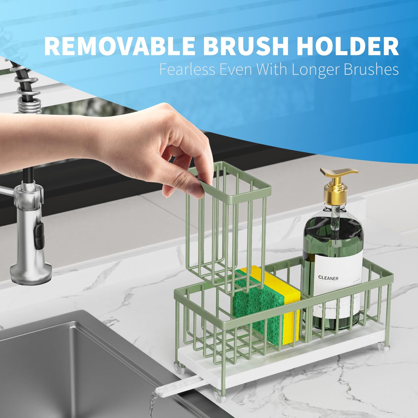 Cisily Black Sponge Holder for Kitchen Sink, Sink Caddy Organizer with High Brush Holder, Kitchen Countertop Organizers and Storage Essentials, Rustproof 304 Stainless Steel, Soap Dispenser Organize
