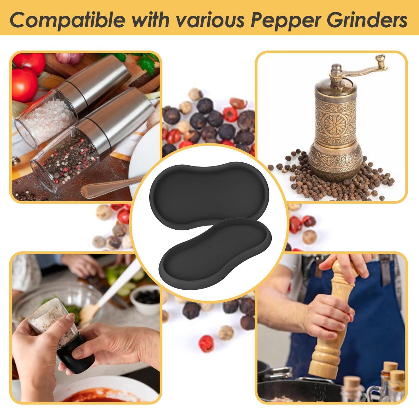 Koluti Salt and Pepper Mill Silicone Tray Set of 2, Kitchen Pepper Grinder Rest Seasoning Bottle Holder for Counter, Dining Table Protector and Rustic Small Board Decorative Serving Platter, Black