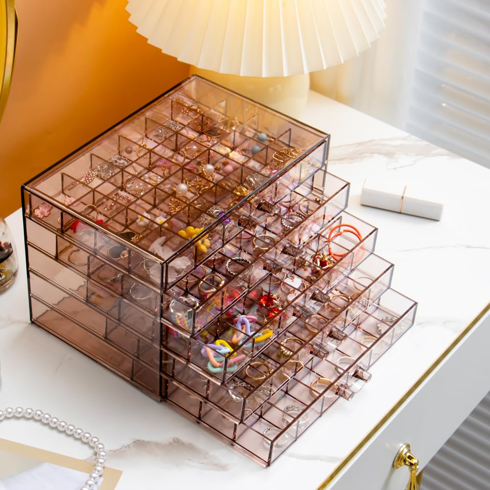 YUFONG Earring Storage Box Organizer, Acrylic Jewelry Storage Box Holder 5 Drawers Transparent Jewelry Display Stand with 120 Small Compartments Gift Boxes for Women Girls (Clear Purple Brown)