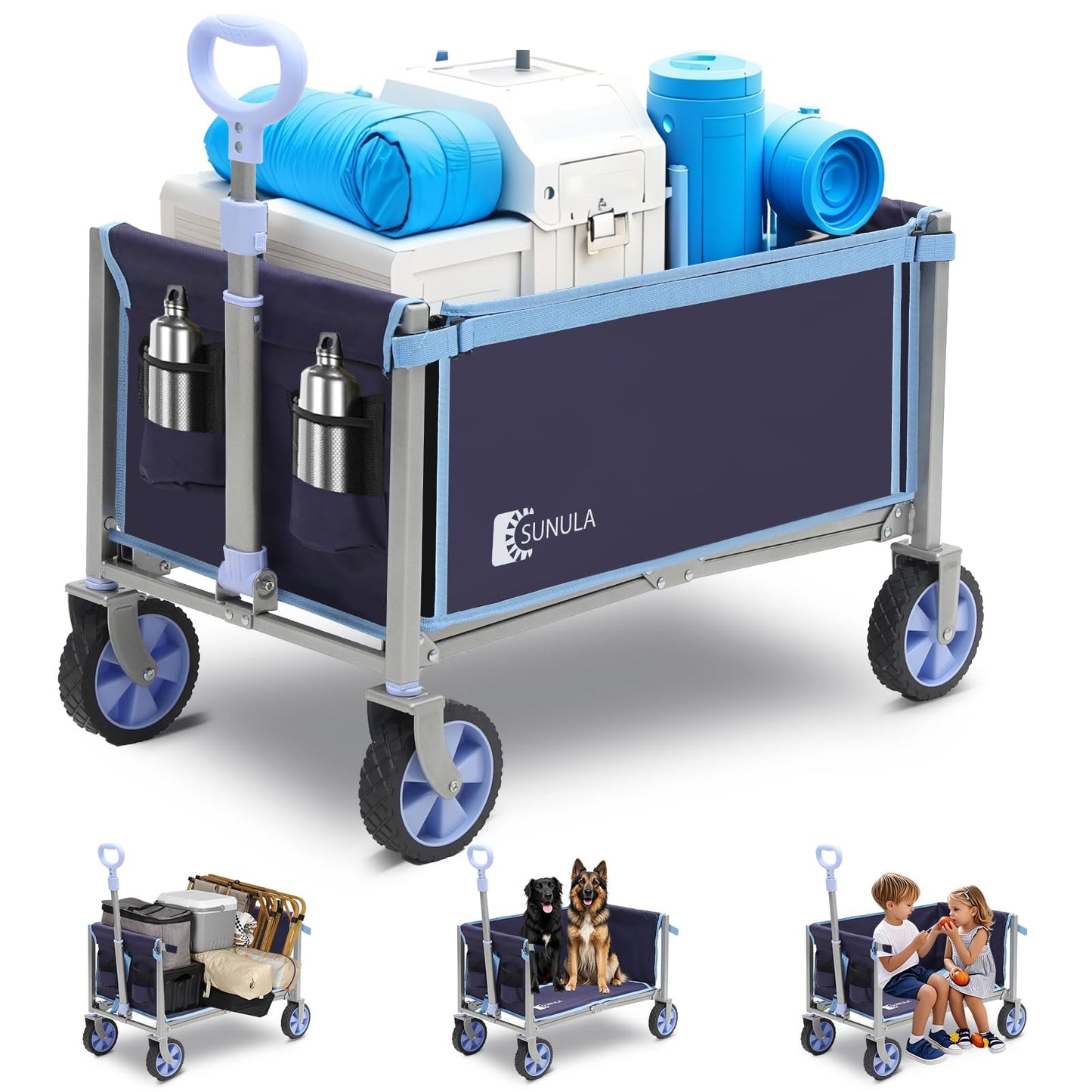 Sunula Foldable Wagon Cart 220lbs- 3 in 1 Collapsible Wagon Cart with Wheels, 2 Cup Holders, for Groceries, Camping, Shopping, Garden, Pet Riding-1 Year Warranty