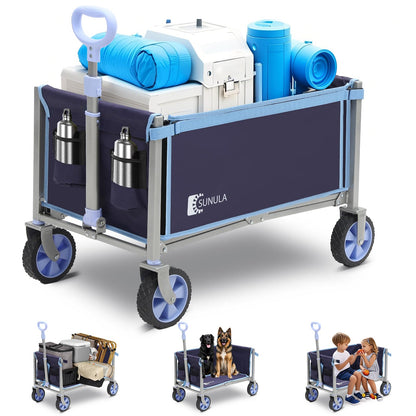 Sunula Foldable Wagon Cart 220lbs- 3 in 1 Collapsible Wagon Cart with Wheels, 2 Cup Holders, for Groceries, Camping, Shopping, Garden, Pet Riding-1 Year Warranty