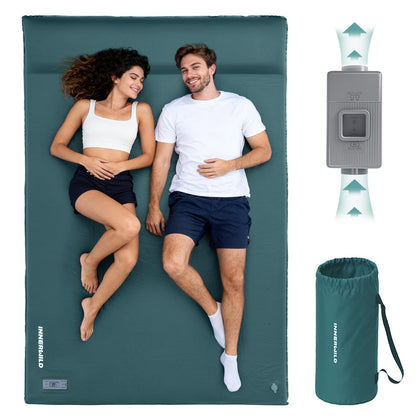 INNERWILD Double Camping Sleeping Pad with Electric Pump, 3.15" Thick 2 Person Self Inflating Memory Foam Mattress Pad with Pillow, Portable Sleeping Mat for Travel, Car, Tent- Dark Green, Full Size