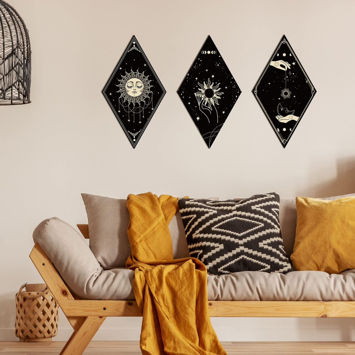 Sintuff 6 Pieces Gothic Wall Decor Boho Sun Moon Phases Wall Art Gothic Minimalist Stars Sun Hanging Wooden Home Decor Farmhouse Pediments for Gallery Living Bedroom Room(Boho)