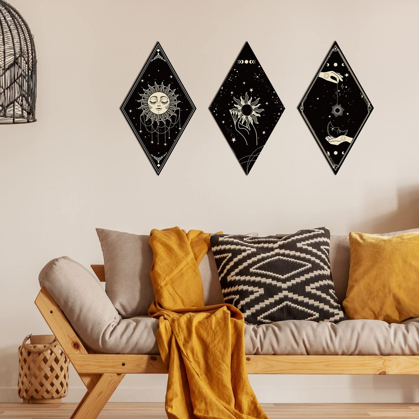 Sintuff 6 Pieces Gothic Wall Decor Boho Sun Moon Phases Wall Art Gothic Minimalist Stars Sun Hanging Wooden Home Decor Farmhouse Pediments for Gallery Living Bedroom Room(Boho)