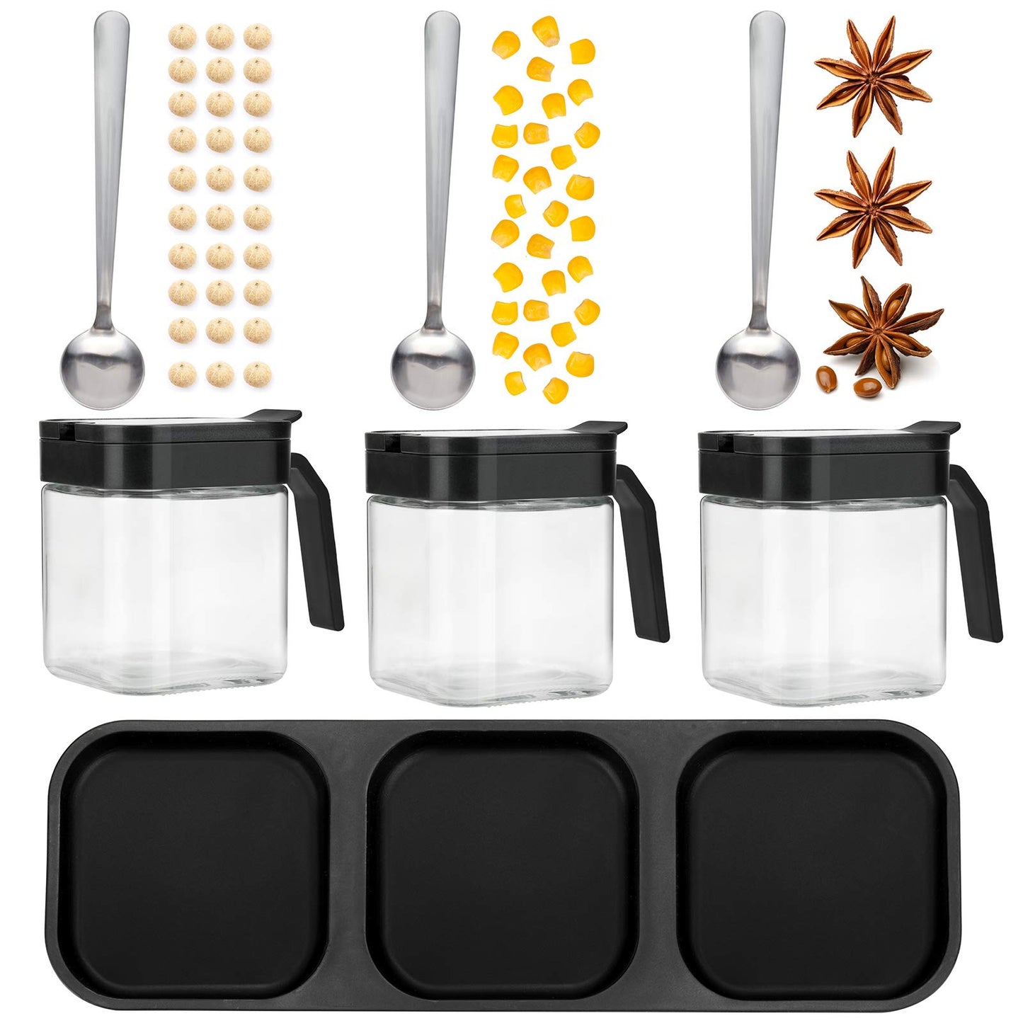 Mlici Condiment Jar Spice Container with Lids and Spoons, 8.6oz Clear Glass Condiment Canisters Pots Seasoning Box Salt Container Sugar Bowl Set of 3 for Kitchen, Containers, Black