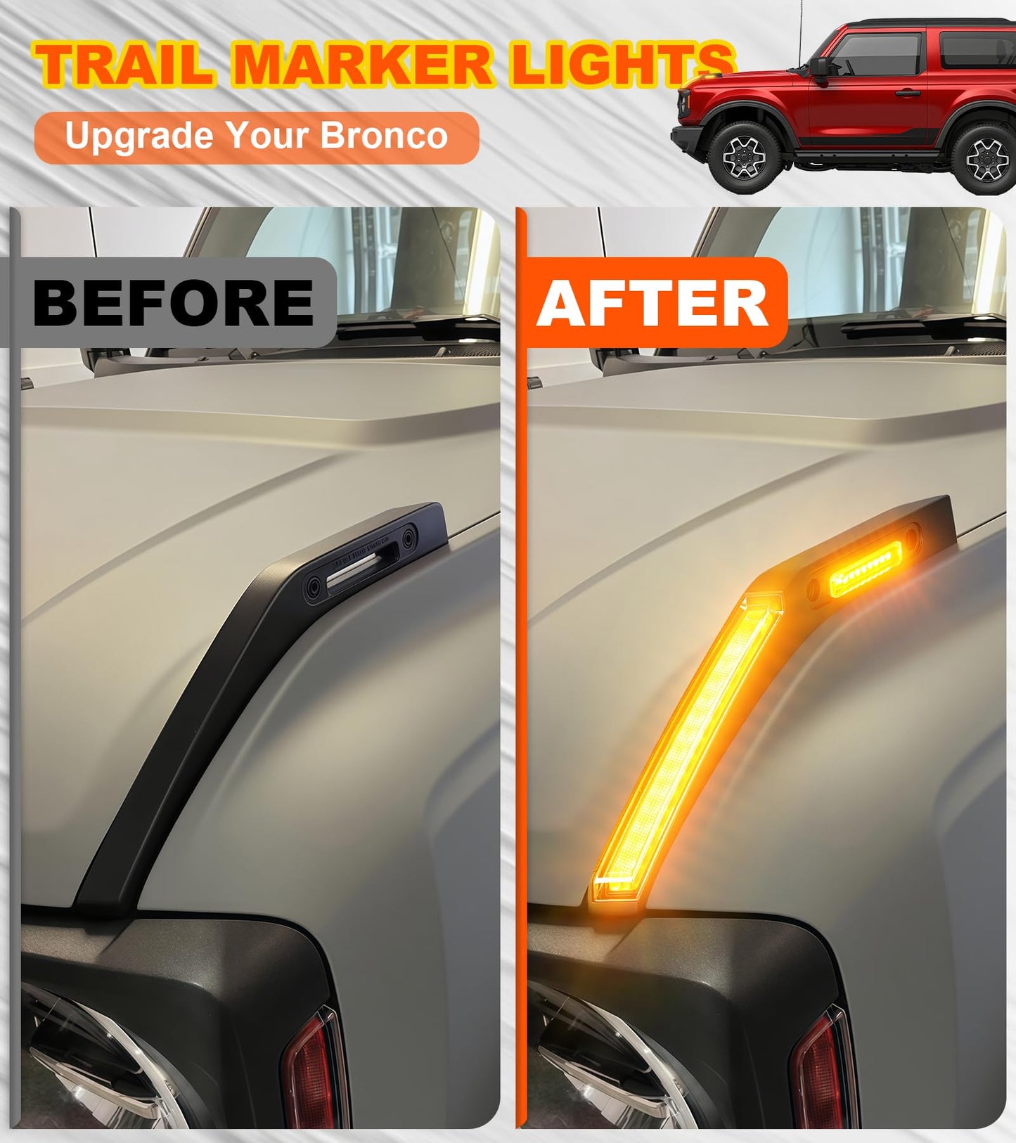 LED Hood Handle Trail Sight Lights for Ford Bronco 2021 2022 2023 2024 2025 2026 Accessories Fog Light Kit Marker Lighting Bar (Amber DRL with Side Markers)