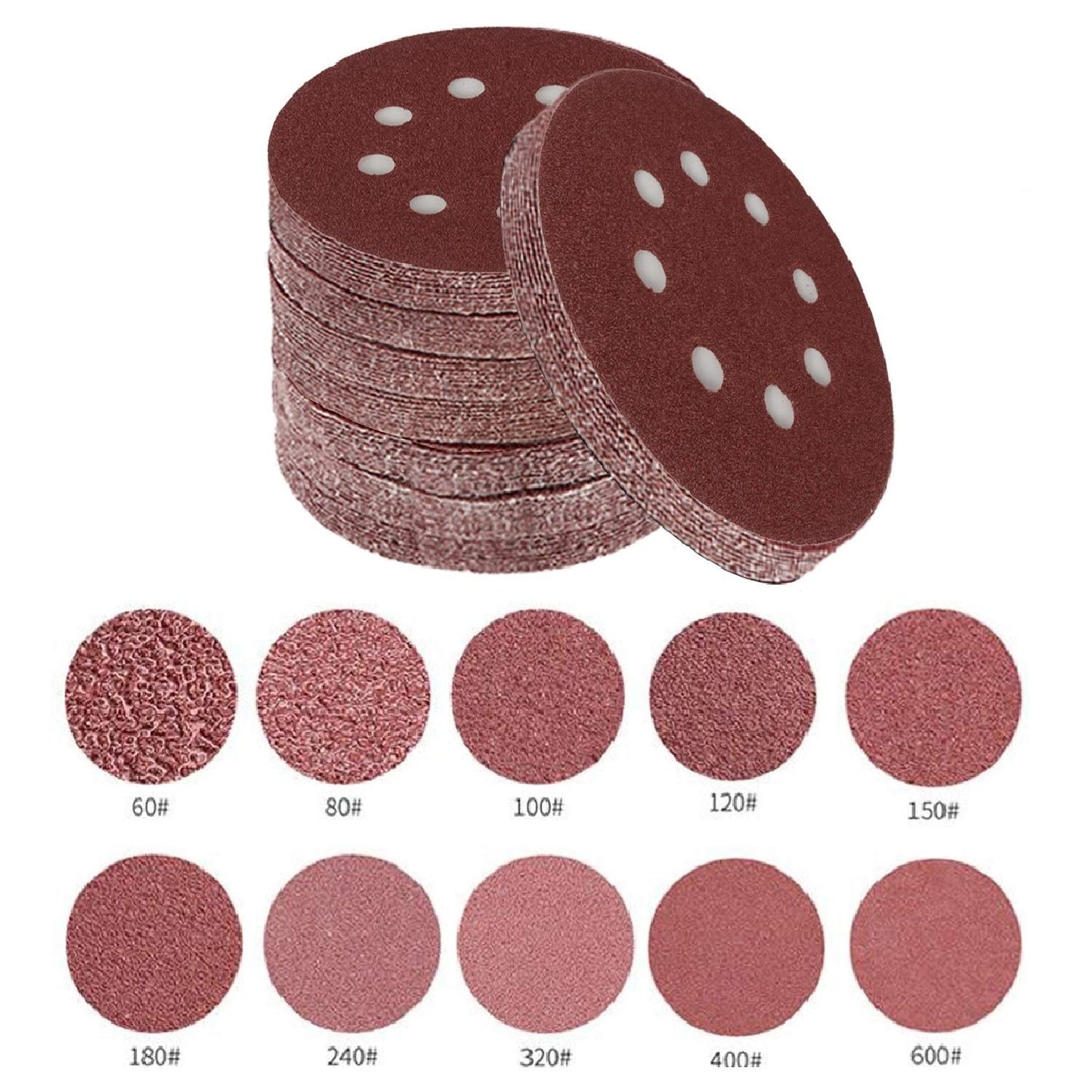 Toowood 100pcs 125mm Sanding Discs, 8-Hole Dustless Hook & Loop sand paper, 60-600 Multi-Grit Professional Abrasive Discs for Orbital Sander, Woodworking and Auto Body Refinishing