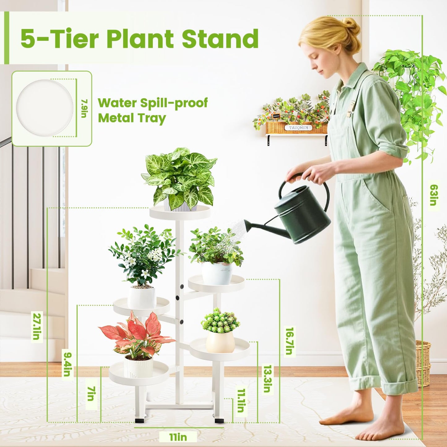 jsyonii Metal Plant Stand Indoor, Corner Flower Pot Stand for Multiple Plants, 5 Tier Heavy Duty Plant Shelf for Patio Living Room Garden Balcony Office White
