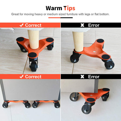 Ronlap 6-Inch Steel Tri-Dolly, 3-Wheel Furniture Mover's Dolly with Lifer, Heavy Furniture Moving Rollers, 200 KG Capacity 4 Pack (Orange)