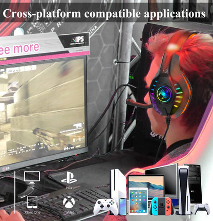 SVYHUOK Pro Gaming Headset for PC PS4 Xbox One Bass Surround Sound Over-Ear Headphones with Mic/LED Light/Soft Memory Earmuffs for Computer Laptop Switch Games Kids Boys Teens Gifts