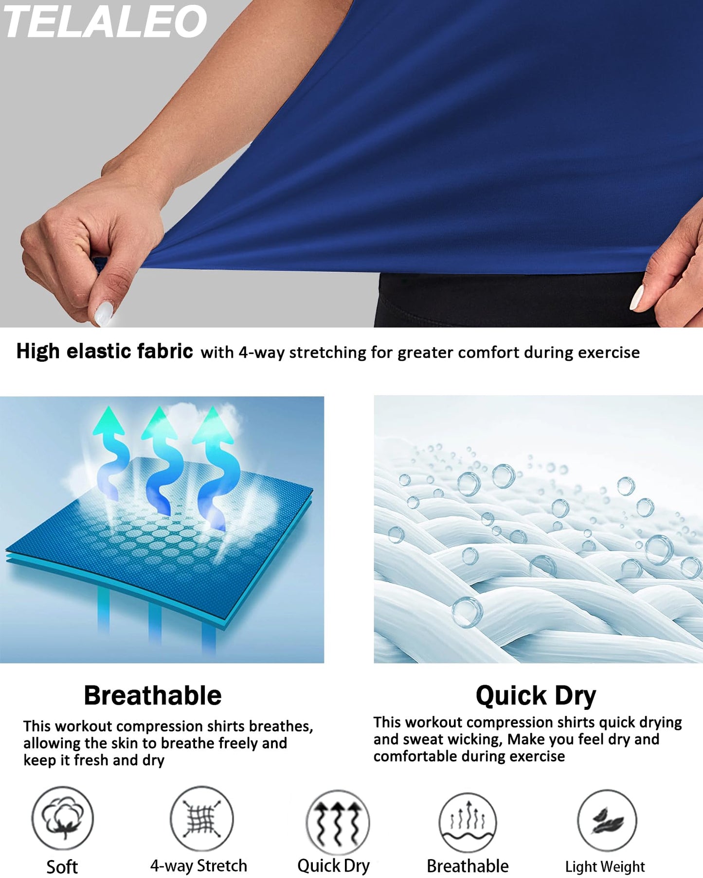 TELALEO 4 Pack Women's Compression Shirt Long Sleeve Performance Workout Baselayer Athletic Top Sports Gear-Black/Grey/White/Blue Small