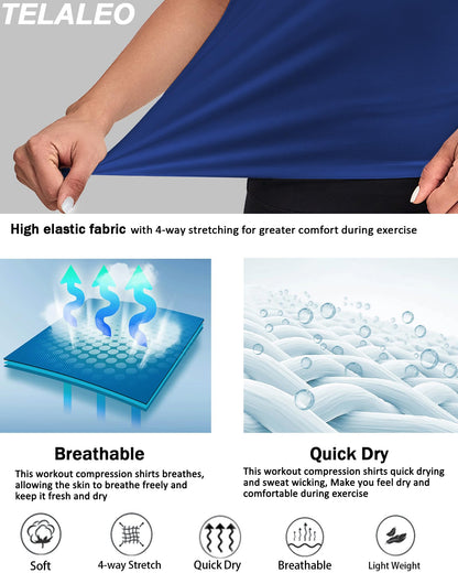 TELALEO 4 Pack Women's Compression Shirt Long Sleeve Performance Workout Baselayer Athletic Top Sports Gear-Black/Grey/White/Blue Small