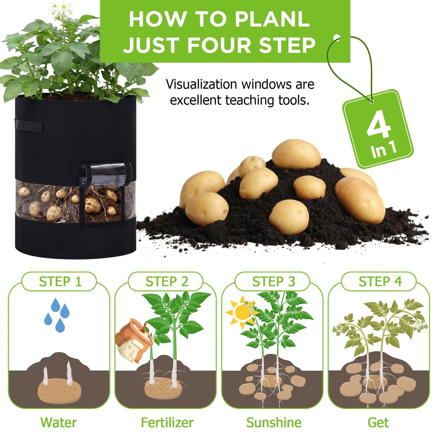 Baderke 4 Pack Visible Potato Grow Bags with Harvest Window, 360 Visibility Plant Grow Bags with Handles for Planting Potatoes, Tomatoes and Vegetables (20 Gallon,Black)