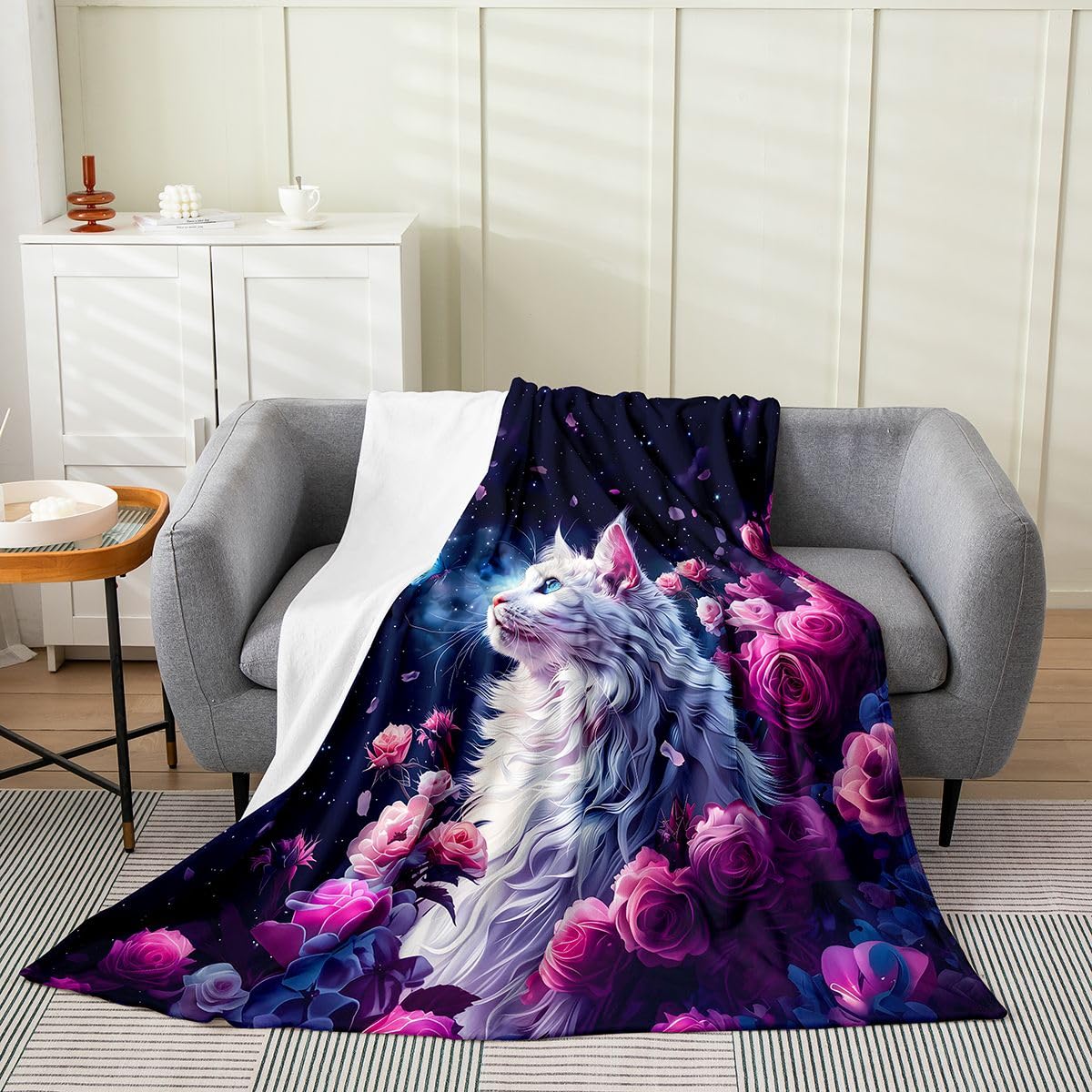 Feelyou Cat Plush Throw Blanket Halloween Themed Flannel Blanket 40"x50" Trick or Treat All Season Cute Kitten for Couch Bed Sofa Scaredy Cat Bedroom Decor